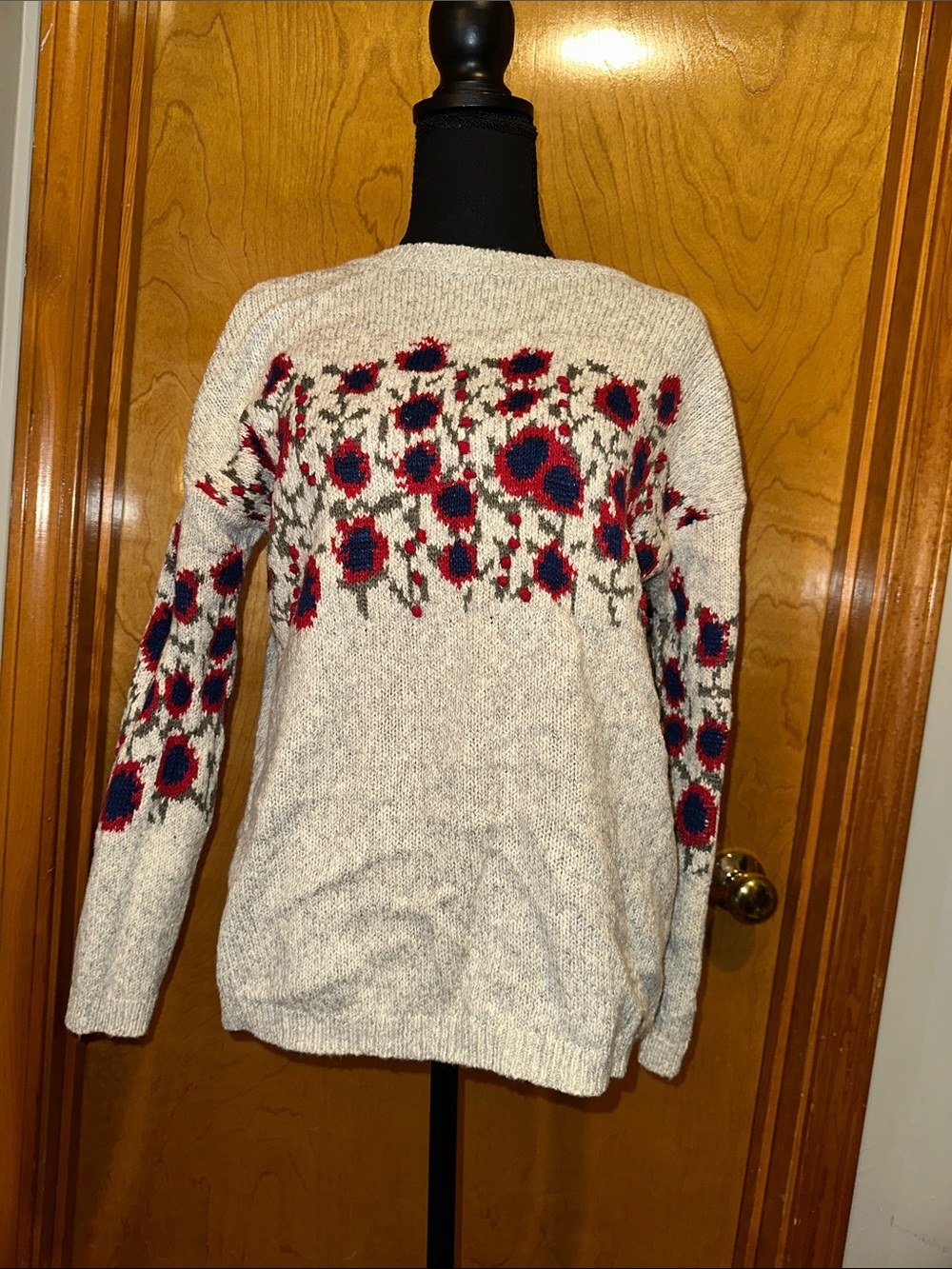 J. Jill Cream Sweater with Red & Navy Floral Fair Isle